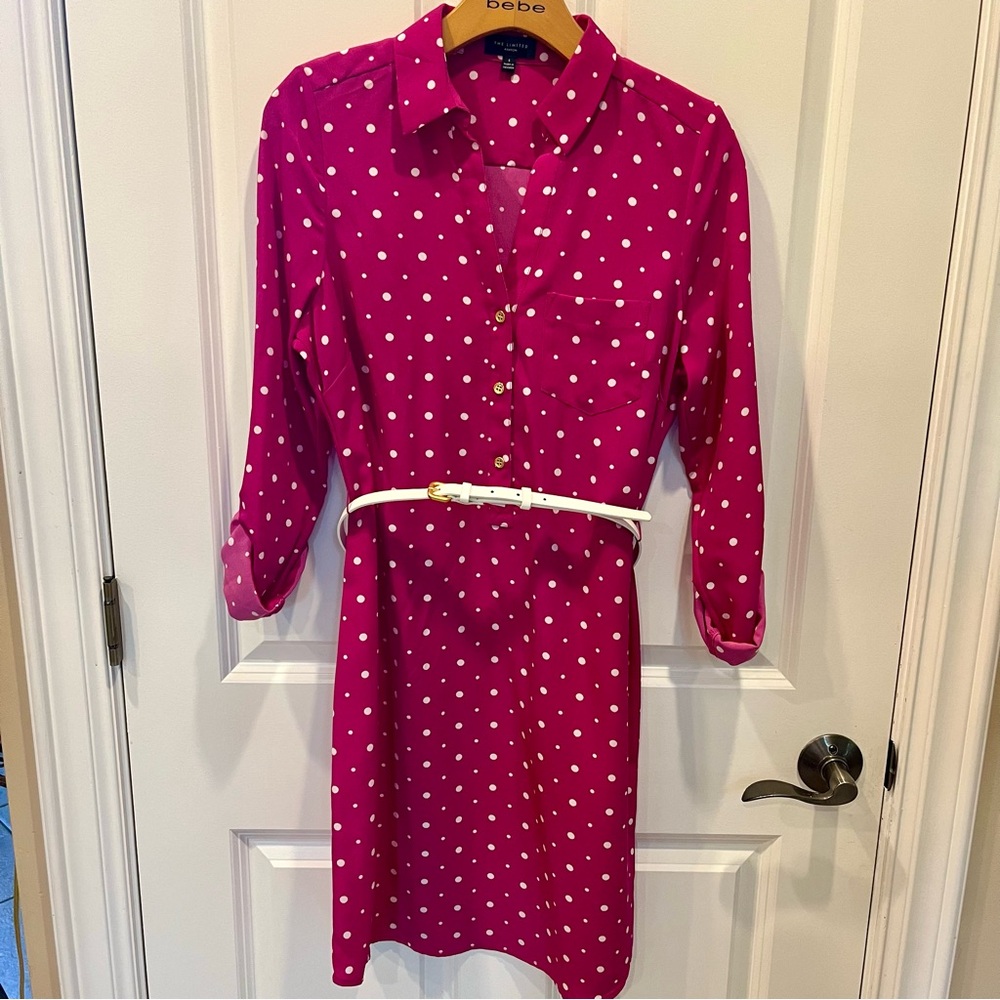 Women’s SZ S THE LIMITED “ASHTON” FUCHSIA POLKA DOT BELTED SHIRT DRESS